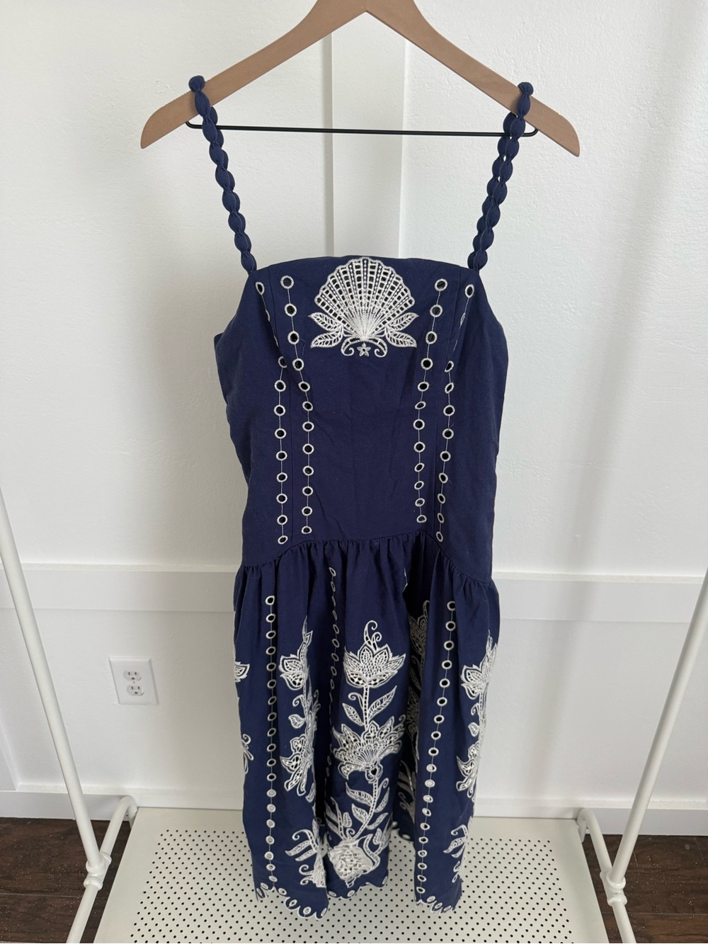 Farm Rio Navy Eyelet Embroidered Midi Dress